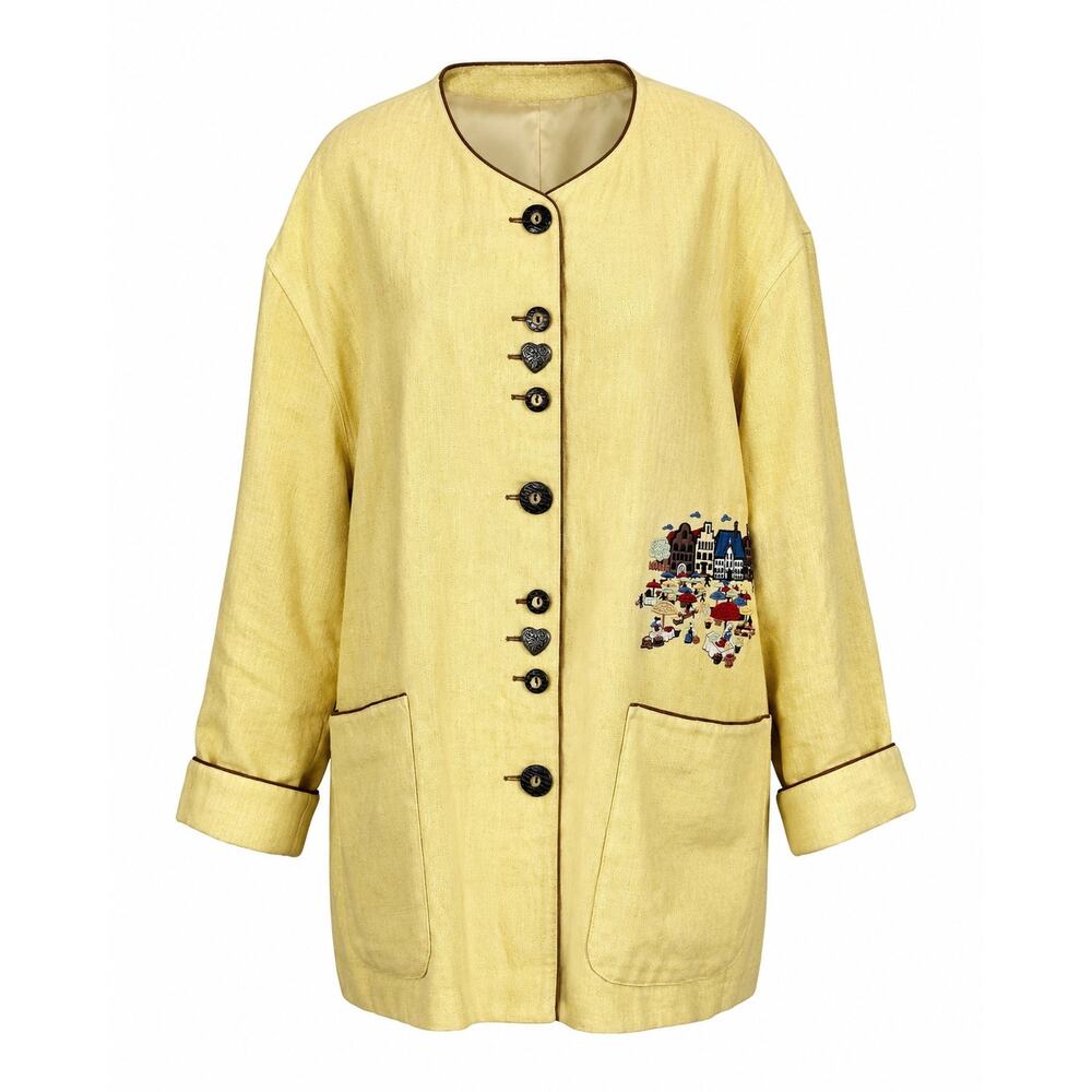 Vintage Collection Forum Yellow Linen Market Scene Jacket Size XL/ EU 42/ UK16